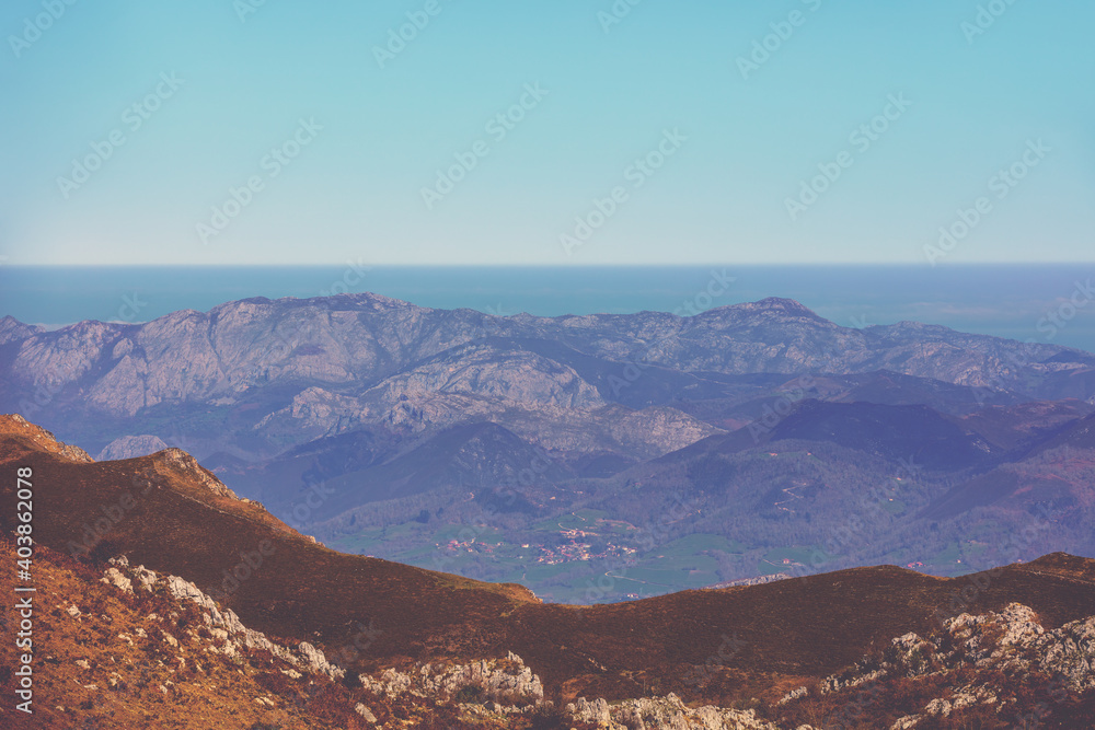 View of the beautiful mountain landscape from the Mirador de la Reina. Peaks of Europe National Park (Picos de Europa). Asturias, Spain