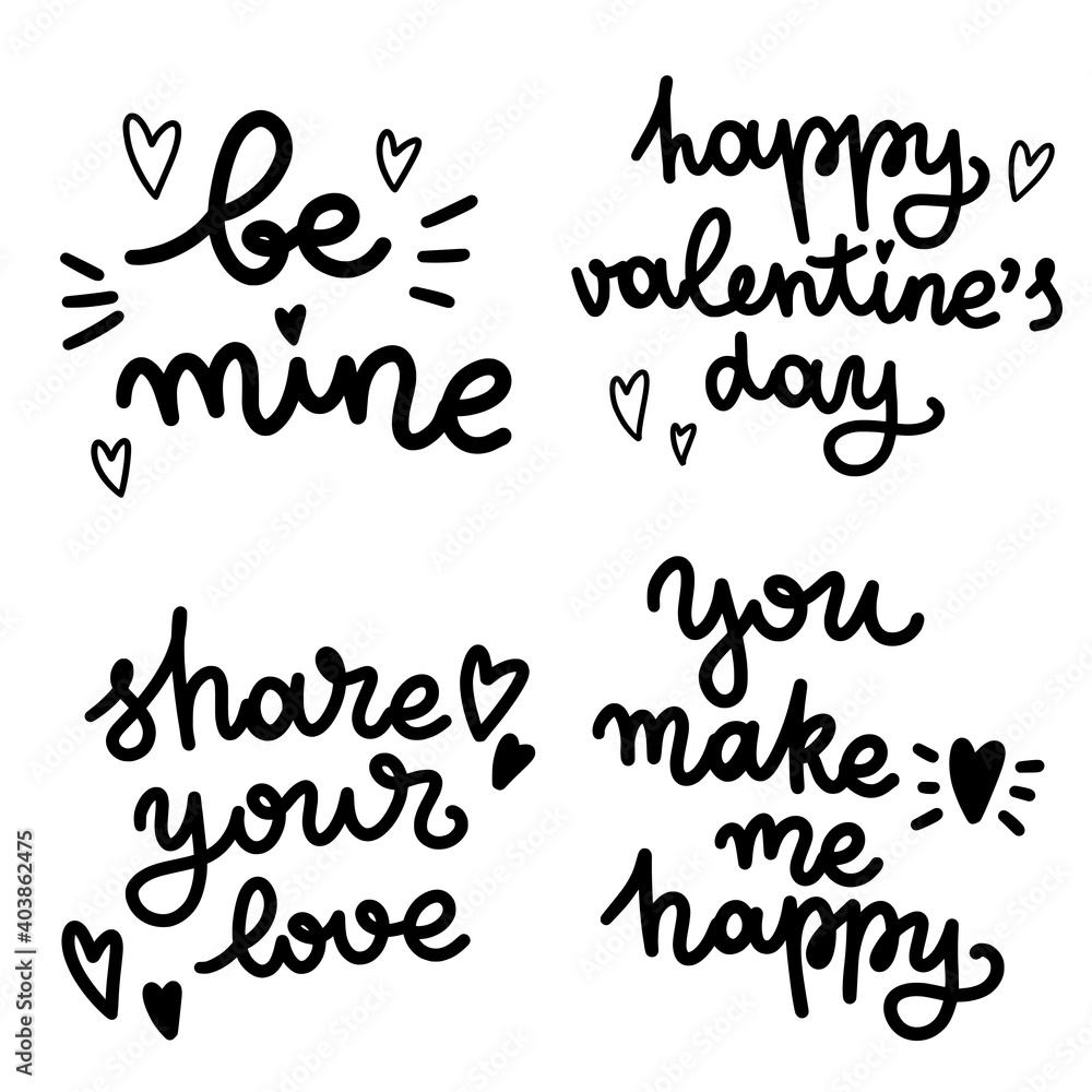 Vector set of lettering about love. Valentines Day. Black and white lettering. Vector illustration Vector set of lettering about love. Valentines Day. Black and white lettering. Vector illustration