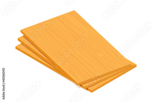 Isometric vector illustration pile of plywood sheets isolated on white background. Realistic wooden building materials vector icon in flat cartoon style. Stack of wooden boards for construction.