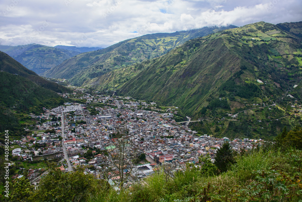 Aerial view of the town of Baños de Agua Santa, Ecuador