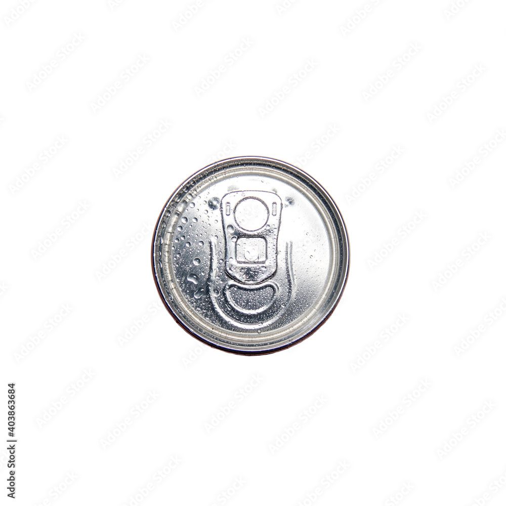Aluminum can on a white background, with water drops, top view. Aluminum can on a white background, with water drops, top view.