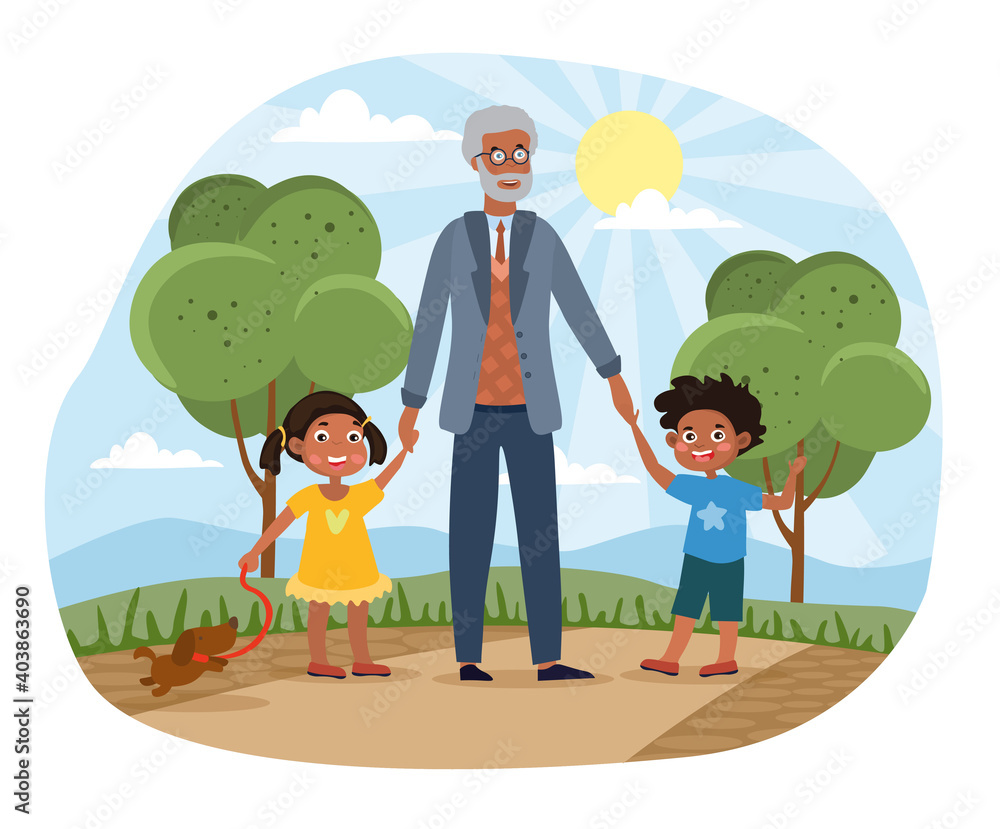 Grandchildren walking in the park with Grandad holding them by the hands on a hot sunny summer day, colored cartoon vector illustration