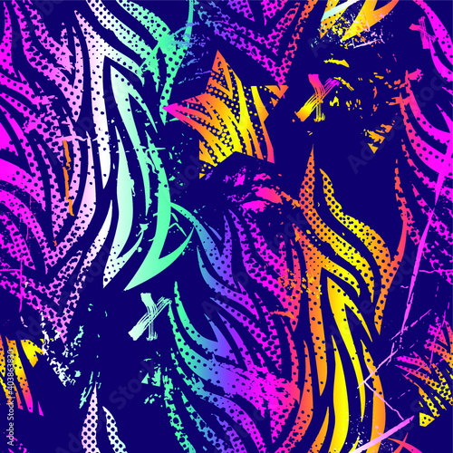 Abstract seamless tiger skin grunge pattern. Zebra rainbow leather repeats print for fashion textile, clothes, wrapping paper. 