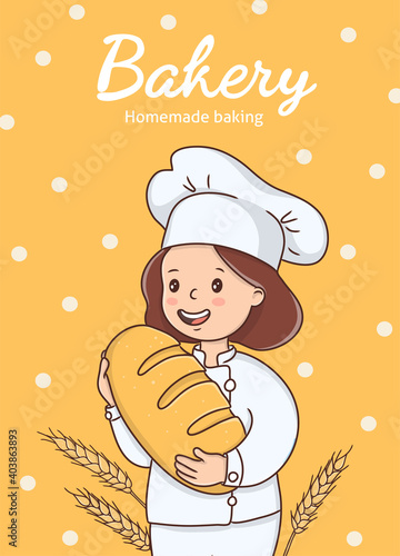 Woman baker with a loaf of bread and spikelets of wheat on a yellow background. Poster for the bakery. Colorful vector illustration.