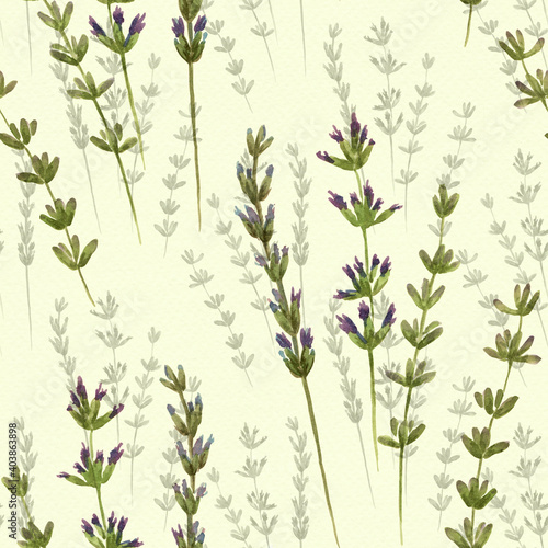 Flowers and stems of lavender - watercolor. Seamless patterns. Floral motives. Provence. Abstract decorative composition. 