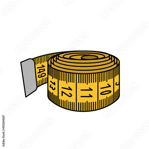 Rolled yellow centimeter ribbon on white background.