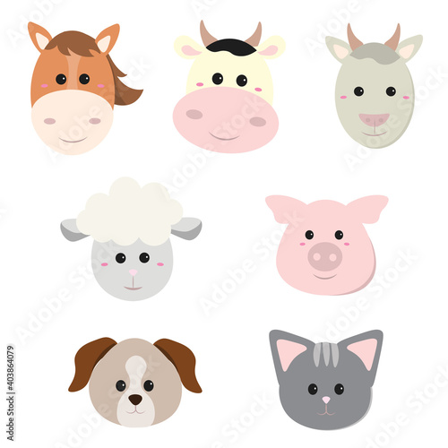 Set of animals. Horse, goat, ram, cow, pig, dog, cat.Vector illustration in flat style