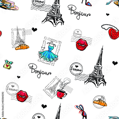 Abstract seamless Paris pattern. Eifel tower repeats print for fashion textile, clothes, wrapping paper.