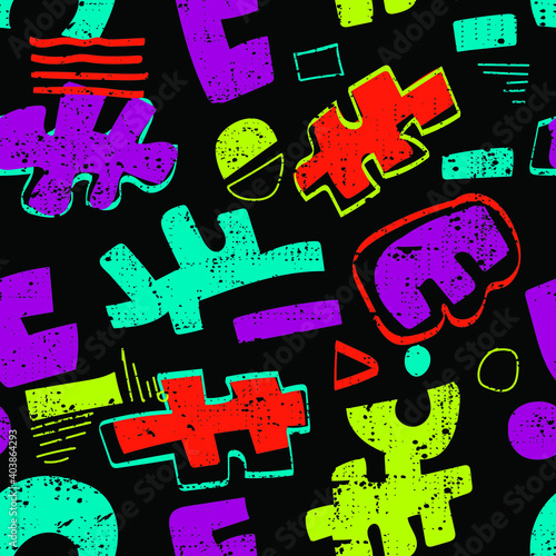 Abstract seamless teenagers pattern with colorful geometric elements. Irregular figures repeats print with textured shabby background.