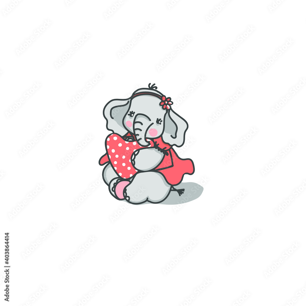 Cute baby elephant with a big pink heart, vector illustration.
