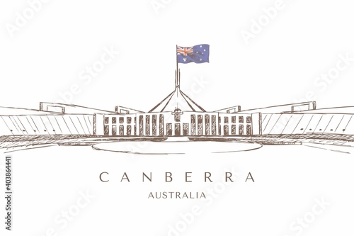 Sketch of a Parliament House in Canberra, Australia, hand-drawn.