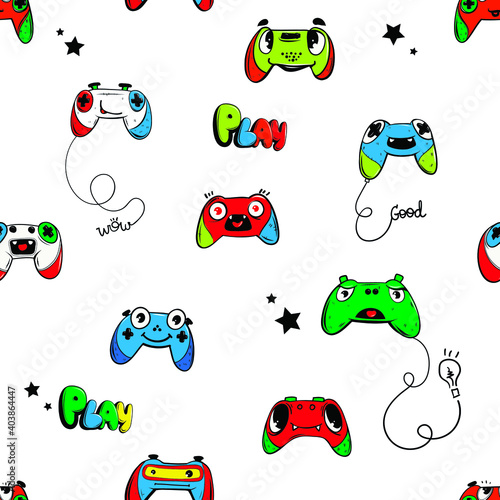 Abstract seamless gamepads vector pattern. Cartoon character faces with happy emotions. Teenagers repeats print for boy, sport textile, clothes, wrapping paper.