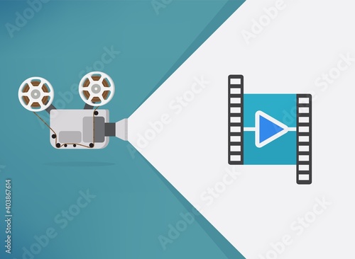 Cinema movie Thanks for watching slide. Movie presentation with film projector. Can use for web banner, infographics, hero images. Flat vector illustration isolated on generic background.