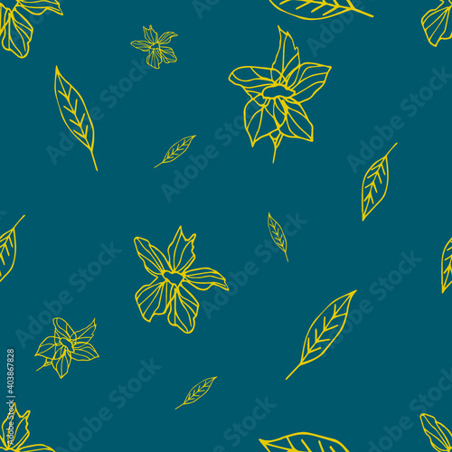 Line drawn doodle flowers and leaves on bright aquamarine background. Seamless summer cute pattern. Good for packaging