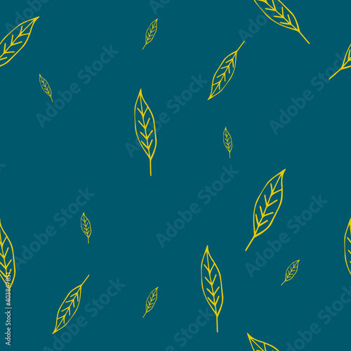 Line drawn doodle leaves on bright aquamarine background. Seamless summer cute pattern. Good for packaging