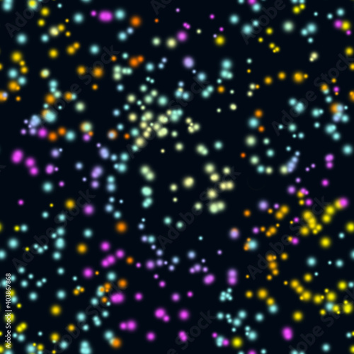 Seamless raster pattern Multicolored blurred circles of different sizes chaotically scattered on a dark background. Yellow  lilac  orange  turquoise on dark blue.