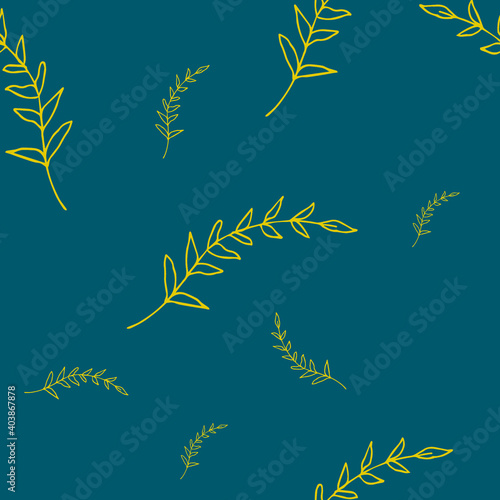 Line drawn doodle leaves on bright aquamarine background. Seamless summer cute pattern. Good for packaging