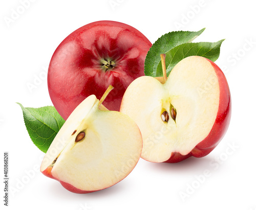 red apples with slices and green leaves isolated on a white background