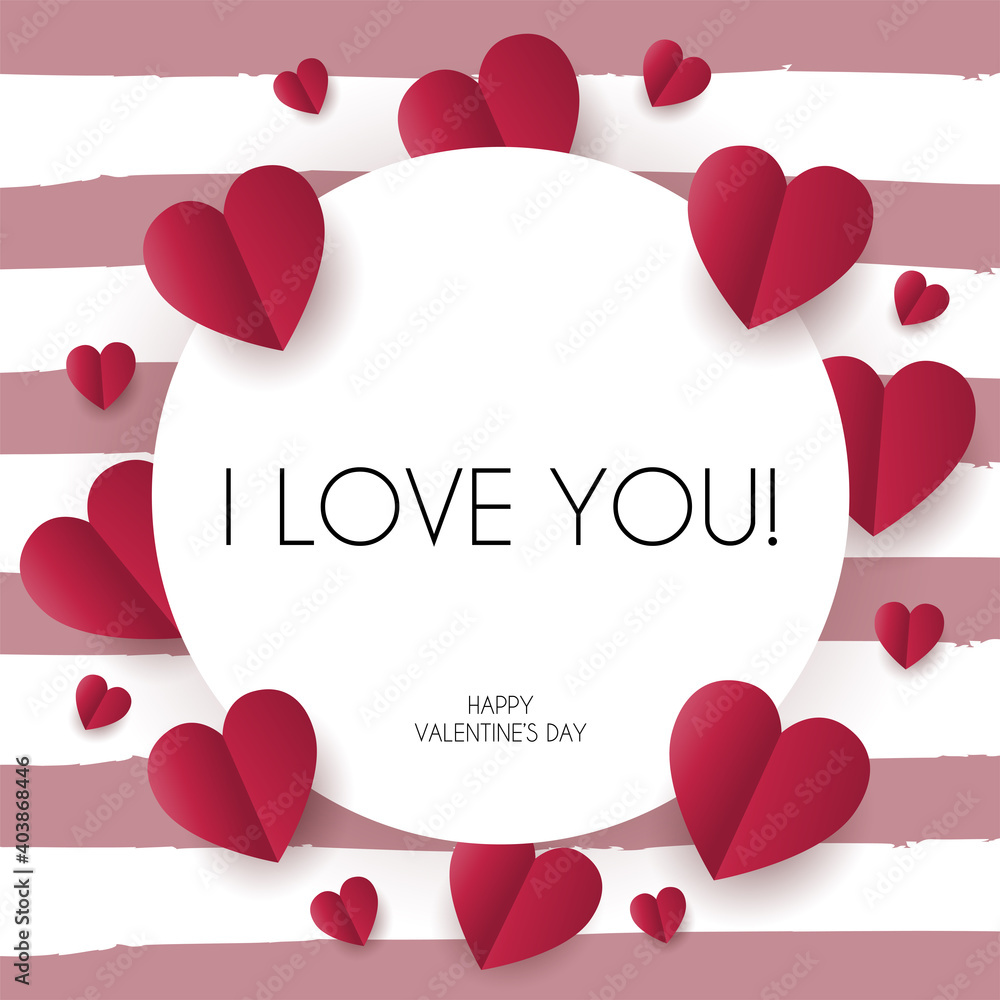 Valentines Day greeting card with paper cut red hearts. I love you poster on the pink stripe background, vector illustration Valentines Day greeting card with paper cut red hearts. I love you poster on the pink stripe background, vector illustration