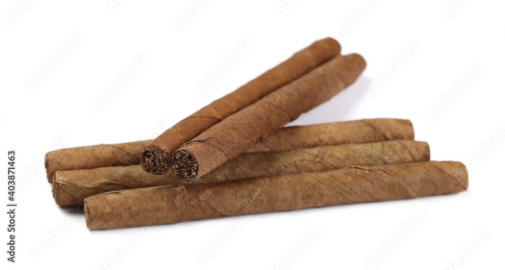 Luxury handmade cigars isolated on white background, side view Luxury handmade cigars isolated on white background, side view