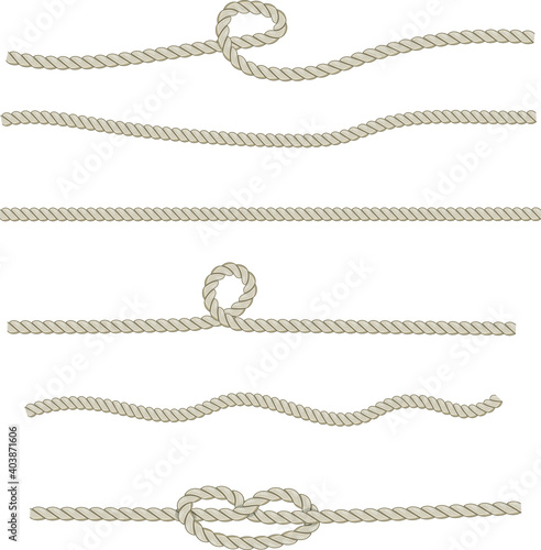 Set of different knots and loops on ropes on white, nautical collection vector illustration