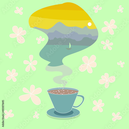 Vector illustration of a cup of coffee  fantasy . In 
hot haze steam sunset, sea and mountains. Flower background. 