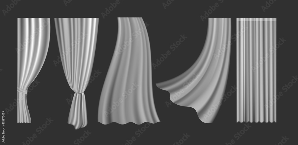Curtains vector illustration set. 3d realistic fluttering curtains  collection from white fabric silk cloth for window decoration, blowing  hanging clear lightweight materials on transparent background. Stock ベクター |  Adobe Stock