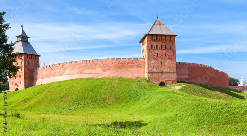 Ancient walls of the Novgorod Kremlin in summer day
