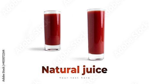 Tomato juice in glass on a white background. View from the top.