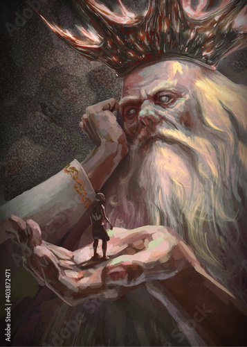 Old King of dark in crown hold a man