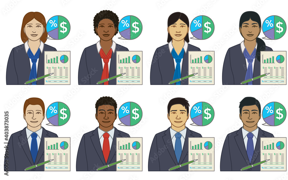 diversity, race, ethnicity of business financial advisor vector icons, male and female, with financial plan, isolated on a white background diversity, race, ethnicity of business financial advisor vector icons, male and female, with financial plan, isolated on a white background