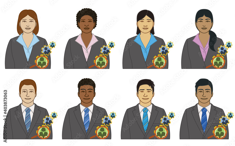 diversity, race, ethnicity of business human resources executive vector icons, male and female, with magnifying glass and gears, isolated on a white background
diversity, race, ethnicity of business human resources executive vector icons, male and female, with magnifying glass and gears, isolated on a white background