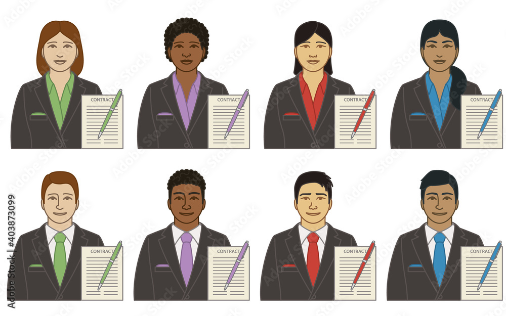 diversity, race, ethnicity of business lawyer vector icons, male and female, with contract and pen, isolated on a white background diversity, race, ethnicity of business lawyer vector icons, male and female, with contract and pen, isolated on a white background