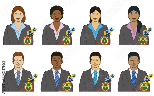 diversity, race, ethnicity of business human resources executive vector icons, male and female, with magnifying glass and gears, isolated on a white background 