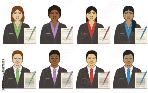 diversity, race, ethnicity of business lawyer vector icons, male and female, with contract and pen, isolated on a white background