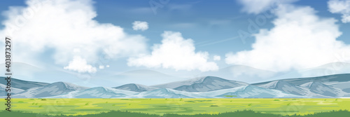 Spring landscape with mountain, blue sky and clouds,Panorama Green fields, fresh and peaceful rural nature in springtime with green grass land. Cartoon vector illustration for spring and summer banner