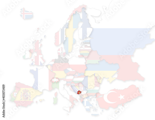 3D Europakarte auf der Montenegro hervorgehoben wird und die restlichen Flaggen transparent sind photo
