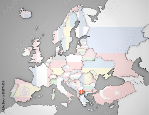 3D Europakarte auf der Nordmazedonien hervorgehoben wird und die restlichen Flaggen transparent sind