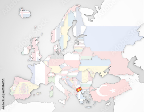3D Europakarte auf der Nordmazedonien hervorgehoben wird und die restlichen Flaggen transparent sind