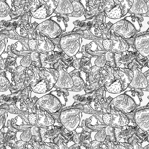 Seamless pattern print of anatomical human hearts. Valentine's day endless design background. Vector.
