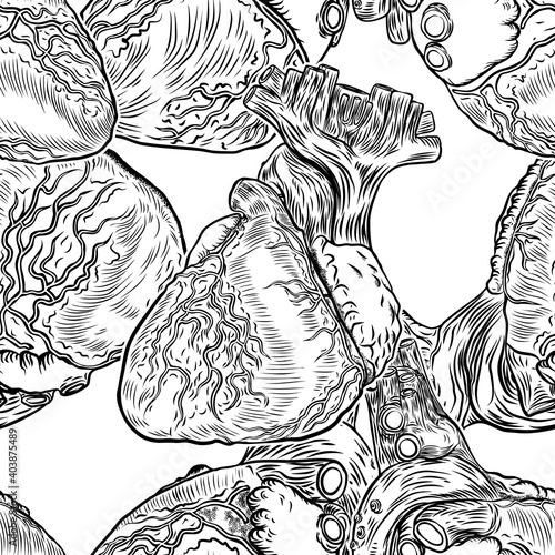 Seamless pattern of human anatomy heart. Black and color engraving isolated on background. Cartoonish silk dress fashion tattoo design Vector.