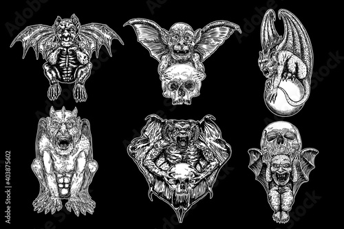 Set of mythological ancient creatures animals with bat like wings and horns. Mythical gargoyle with sharp fangs teeth and nails or claws in seating position. Engraved hand drawn sketch. Vector.