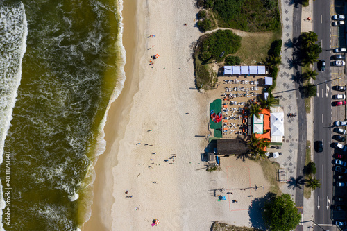 Kiosk at Praia da Barra da Tijuca, Recreio and Grumari in Rio de Janeiro, Brazil. Aerial View from Drone; Amazon rainforest in Rio