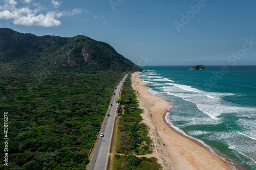 Kiosk at Praia da Barra da Tijuca, Recreio and Grumari in Rio de Janeiro, Brazil. Aerial View from Drone; Amazon rainforest in Rio