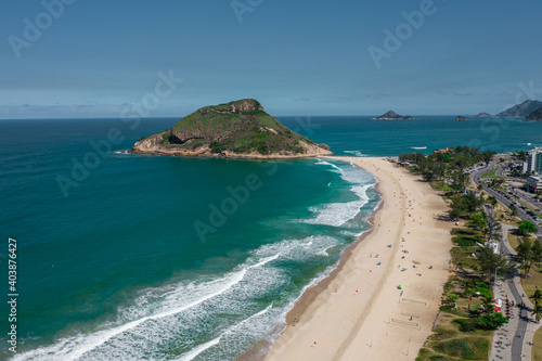 Kiosk at Praia da Barra da Tijuca, Recreio and Grumari in Rio de Janeiro, Brazil. Aerial View from Drone; Amazon rainforest in Rio
