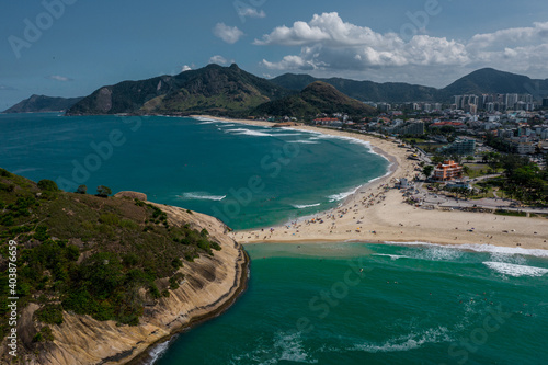 Kiosk at Praia da Barra da Tijuca, Recreio and Grumari in Rio de Janeiro, Brazil. Aerial View from Drone; Amazon rainforest in Rio