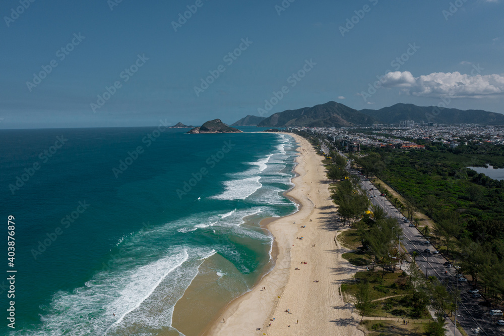 Kiosk at Praia da Barra da Tijuca, Recreio and Grumari in Rio de Janeiro, Brazil. Aerial View from Drone; Amazon rainforest in Rio