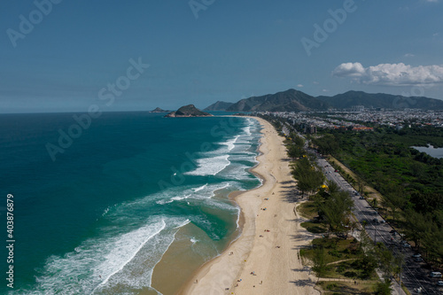 Kiosk at Praia da Barra da Tijuca  Recreio and Grumari in Rio de Janeiro  Brazil. Aerial View from Drone  Amazon rainforest in Rio