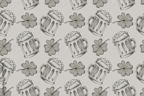 Happy Saint Patrick Day beer mug and luck clover seamless pattern