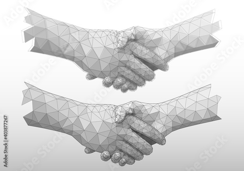 Set of handshake, low poly hands, isolated on white background. Vector Illustration